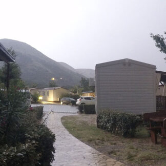 Weather, medium to light to medium rain, distant thunder,  campground, night, raining on roof, distant talking, Skrila, Croatia