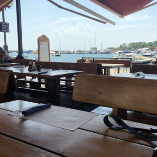 Restaurant, terrace EXT near port, conversations, dishes, distant motorboats, Krk, Croatia