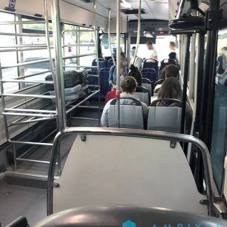 Bus, Ibiza, Italian and German tourists, talking, handling luggage, bus waiting on same spot, people getting on and off, doors opening and closing, Ibiza, Spain