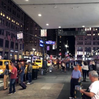 Train station, EXT, Penn station, busy, people walking by, talking, luggage, traffic, car horns, New York City, USA