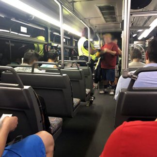 Bus ride, coach, heavy traffic in Manhattan, conversation, kids, metal rattling, short version, New York City, USA