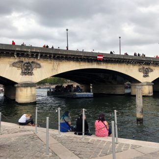 Seine, water swapping, boat motors, girls singing, laughing, clapping, Paris, France